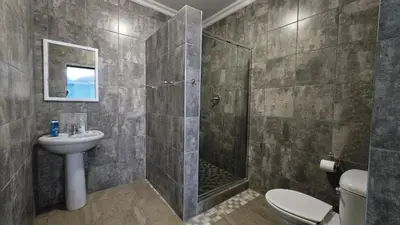 a bathroom with a shower and a sink and a toilet at The Magalies Nest - Self Catering Accomodation in Hartbeespoort