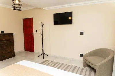 a living room with a chair and a tv on the wall at Hamisi Manor Guest House in Midrand