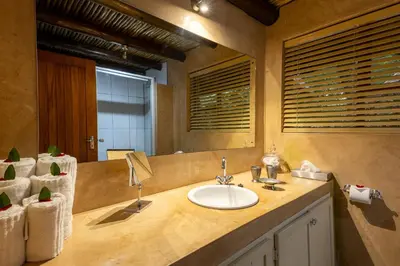 a bathroom with a sink and a mirror at Karongwe - Noka House in Hoedspruit