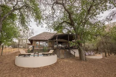 a house in the middle of a forest with trees at Karongwe - Noka House in Hoedspruit