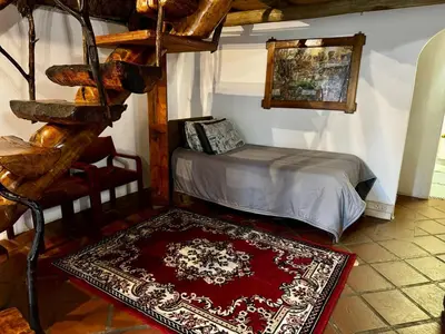 a bedroom with a bed and a red rug at The Treehouse in Pretoria