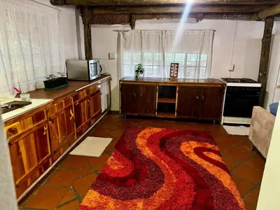 a kitchen with a large rug on the floor at The Treehouse in Pretoria