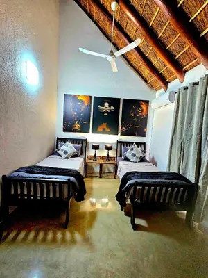 two beds in a room with paintings on the wall at Luxury GuesthouseCo RiverBend in Marloth Park