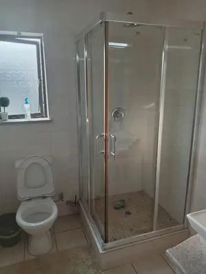 a bathroom with a shower with a toilet and a sink at Phoenix Living in Midrand