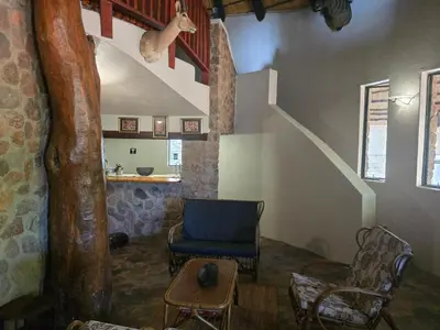 a living room with a blue chair and a tree at Tintshaba Safaris in Phalaborwa
