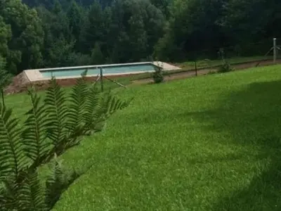 a green field with a swimming pool in the background at Tranquil view lodge in Haenertsburg