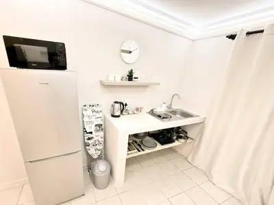 a small white kitchen with a sink and a refrigerator at Blanche Guesthouse in Pretoria