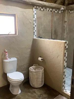 a bathroom with a toilet and a shower at Moyo Safari Lodge in Alldays