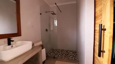 a bathroom with a sink and a shower at Farmco Marloth Park in Marloth Park