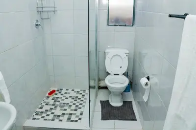 a white bathroom with a toilet and a shower at Springs Sleeper's Delight in Springs