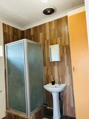 a bathroom with a sink and a shower at Bird & Bed Farmhouse in Brits