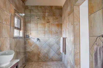 a bathroom with a shower and a sink at Bartlett Safari Marloth Park in Marloth Park