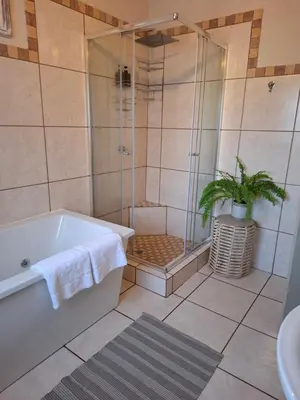 a bathroom with a shower and a tub with a plant at Just Dandee in Naboomspruit