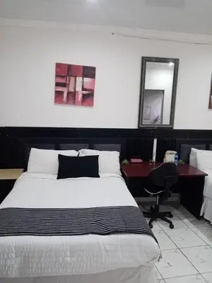 a bedroom with a bed and a desk and a mirror at M and E Lodge in Enkelbosch