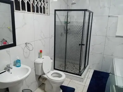 a bathroom with a shower and a toilet and a sink at M and E Lodge in Enkelbosch