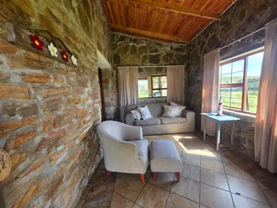 a living room with a stone wall and a couch and chair at Treeferns Trout Lodge in Dullstroom