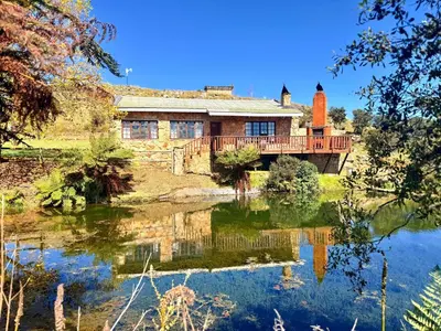 a house on a bridge over a lake at Treeferns Trout Lodge in Dullstroom