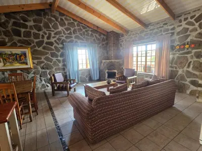 a living room with couches and a stone wall at Treeferns Trout Lodge in Dullstroom
