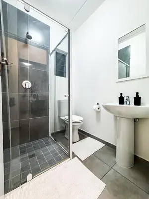 a bathroom with a shower and a toilet and a sink at Executive Apartment at Waterfall Ridge in Midrand