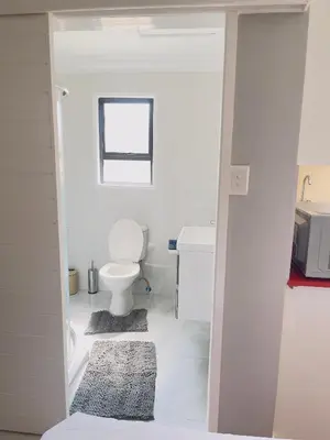 a white bathroom with a toilet and a sink at The Airport Terminal Guesthouse in Kempton Park