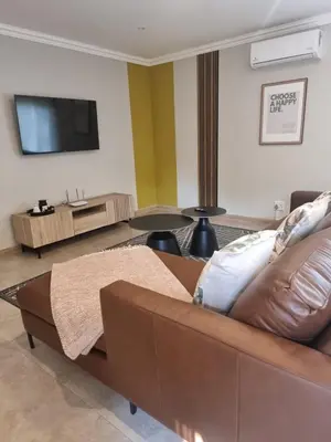 a living room with a couch and a flat screen tv at Edward Suites, Apartment 1 in Pretoria