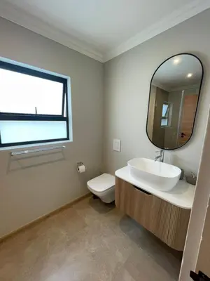 a bathroom with a sink and a mirror and a toilet at Edward Suites, Apartment 1 in Pretoria