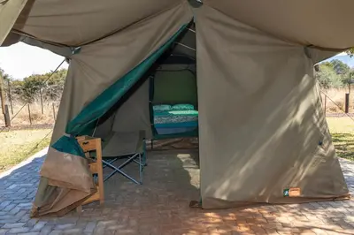 a tent with a bed inside of it at Die BosKamp - Hartbeespoort Dam in Hartbeespoort