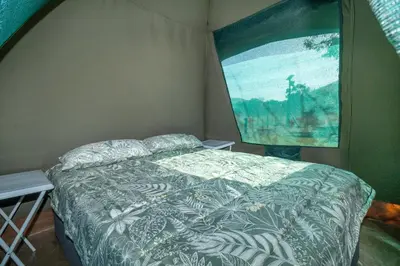 a bedroom with a bed and a painting on the wall at Die BosKamp - Hartbeespoort Dam in Hartbeespoort