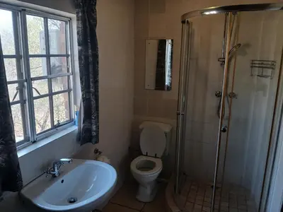 a bathroom with a shower and a toilet and a sink at Maridadi House in Marloth Park
