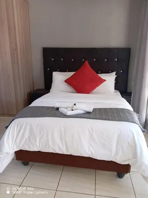a bed with a red pillow and a cat on a towel at House 224 Lodge in Driekop