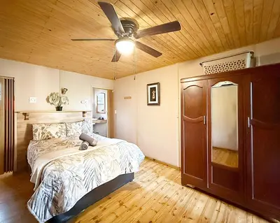 a bedroom with a bed and a ceiling fan at Leopard Chalets Hippo Waterfront Lodge in Nelspruit