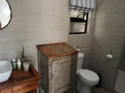 a bathroom with a toilet and a sink and a mirror at Aloe Thorn Self Catering in White River