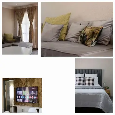 two pictures of a bedroom with a bed and a television at Nuday Guesthouse in Vaalwater