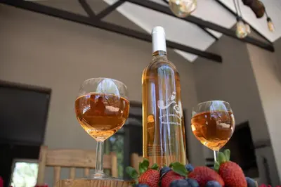 two wine glasses sitting next to a bottle of wine at Ratel Katel in Marloth Park