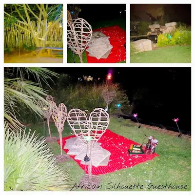 a collage of three pictures of a heart sculpture at African Silhouette Guesthouse in Benoni