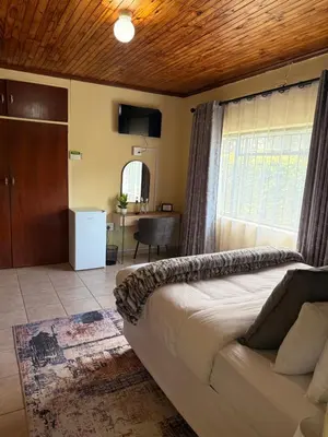 a bedroom with a bed and a window and a desk at Soulfenda guest house in Graskop