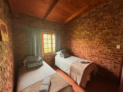 a bedroom with two beds and a brick wall at Treeferns Trout Lodge in Dullstroom
