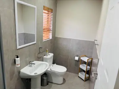 a bathroom with a sink and a toilet and a mirror at 1 on Brandspruit in Secunda
