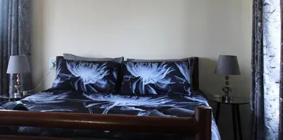 a bed with blue sheets and two pillows at Oppiberg Cottage with River View in Hartbeespoort