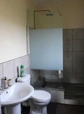 a bathroom with a toilet and a sink and a shower at Oppiberg Cottage with River View in Hartbeespoort