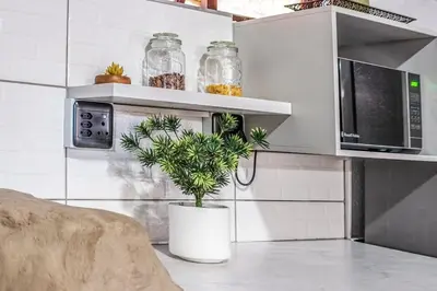 a plant in a white pot next to a microwave at Refresh On Wolseley in Secunda
