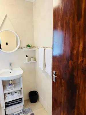 a bathroom with a sink and a wooden door at Refresh On Wolseley in Secunda