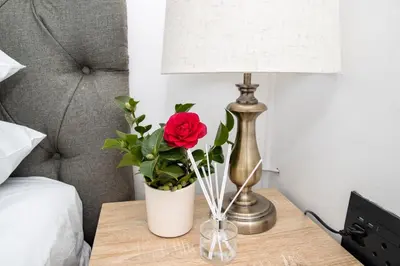 a table with a lamp and a vase with a rose at Farmstay at Rehoboth in Benoni
