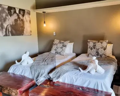 a room with two beds and a table in it at Mabalingwe in Bela-Bela
