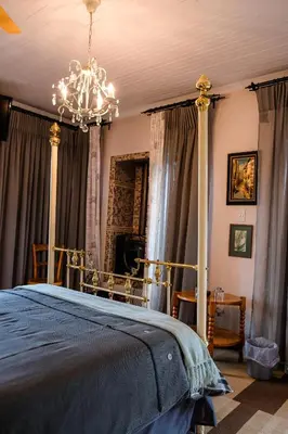 a bedroom with a bed with a chandelier at Art Gallery Guest House in Haenertsburg