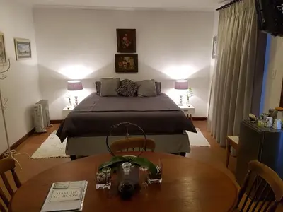 a bedroom with a bed and a table and chairs at Art Gallery Guest House in Haenertsburg