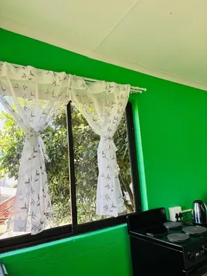 a window with a white curtain in a green room at Cozy Hideout near Kruger in Hectorspruit