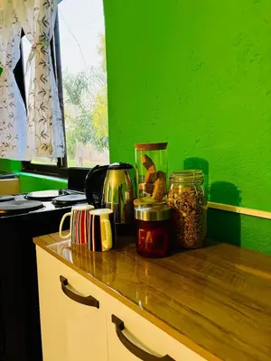 a kitchen with green walls and a wooden counter top at Cozy Hideout near Kruger in Hectorspruit