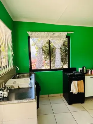 a green kitchen with a sink and a window at Cozy Hideout near Kruger in Hectorspruit