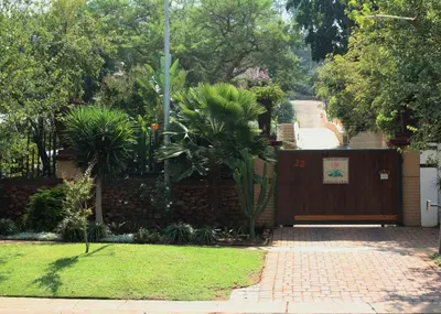a yard with a fence and a gate with palm trees at Lerato Bush Lodge in Pretoria